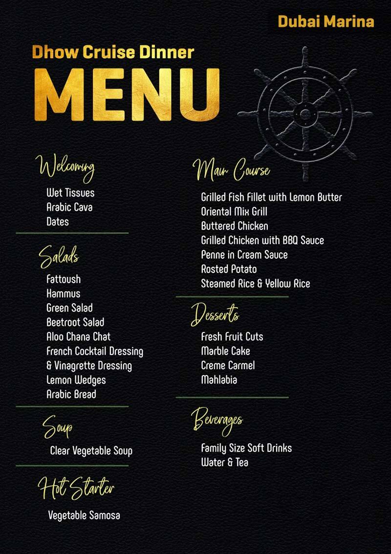 dhow cruise dubai marina food menu
