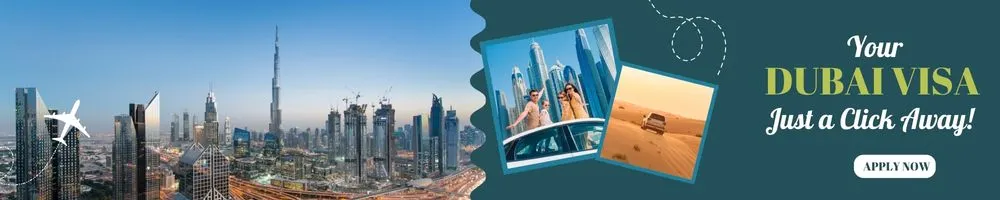 Dubai visa requirements banner with application forms, stamps, and travel theme
