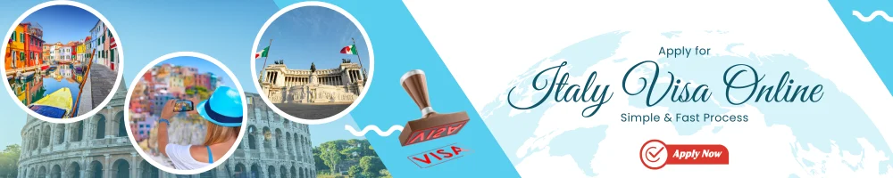 Apply for Italy visa online with images of Italian landmarks and a visa stamp