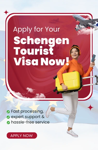 Lady holding suitcase and passport for Schengen tourist visa booking banner