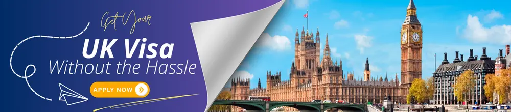 UK visa application ad with Big Ben and 'Apply Now' button.