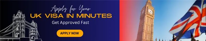 UK visa banner with Big Ben, UK flag, and apply now message