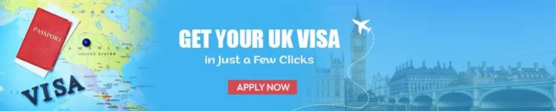 UK visa banner with passport, world map, Big Ben, and apply now message