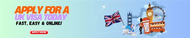 UK visa banner with apply now message, UK landmarks, flag, airplane, and red double-decker bus