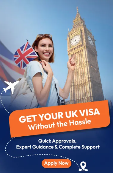 Woman with passport and suitcase promoting hassle-free UK visa services